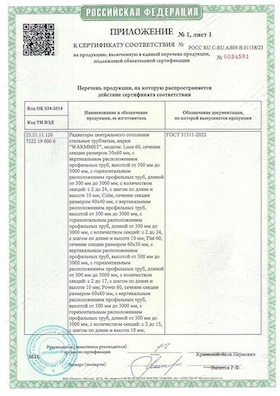 Приложение №1 к сертификату соответствия на радиаторы Warmmet
